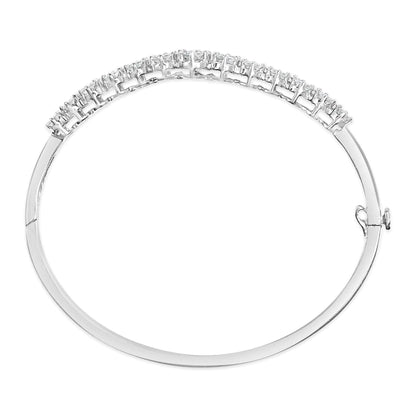 14K White Gold 2 5/8 Cttw Round Diamond 7 Stone Floral Cluster Link Bangle Bracelet (H - I Color, SI1 - SI2 Clarity) - Fits Wrists up to 7.25" Inches - Jaazi Intl