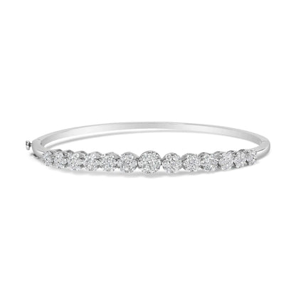 14K White Gold 2 5/8 Cttw Round Diamond 7 Stone Floral Cluster Link Bangle Bracelet (H - I Color, SI1 - SI2 Clarity) - Fits Wrists up to 7.25" Inches - Jaazi Intl