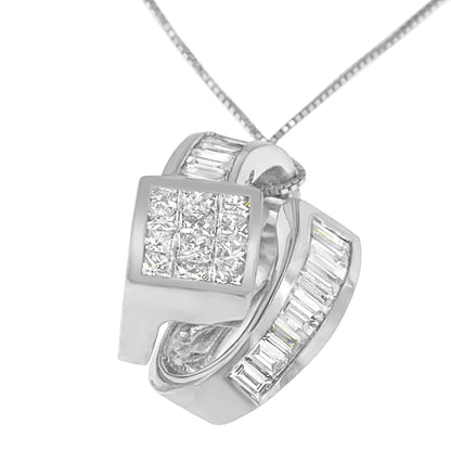 14K White Gold 2 cttw Princess and Baguette Cut Diamond Double Loop Pendant Necklace (G - H, VS1 - VS2) - Jaazi Intl