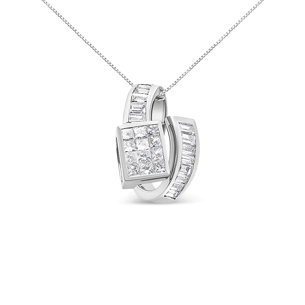 14K White Gold 2 cttw Princess and Baguette Cut Diamond Double Loop Pendant Necklace (G - H, VS1 - VS2) - Jaazi Intl