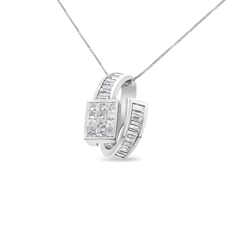 14K White Gold 2 cttw Princess and Baguette Cut Diamond Double Loop Pendant Necklace (G - H, VS1 - VS2) - Jaazi Intl