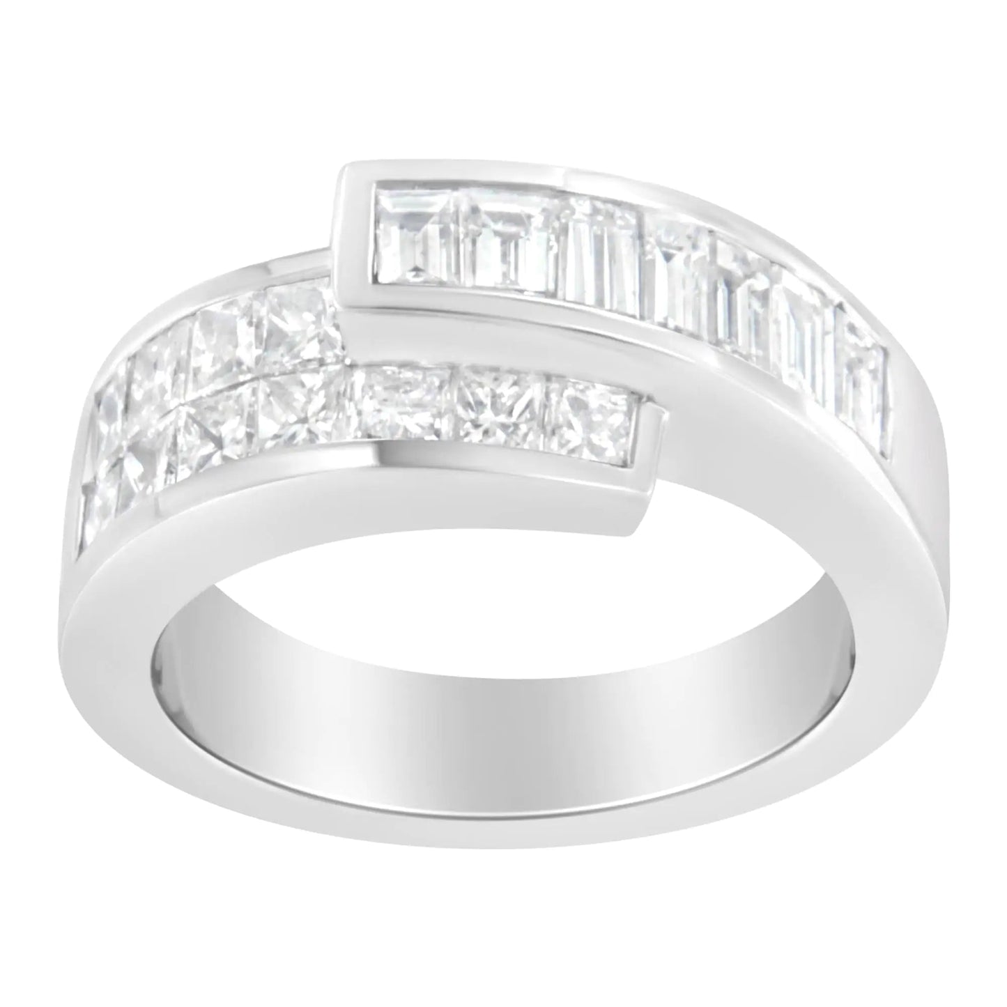 14K White Gold 2.0 Cttw Channel - Set Princess and Baguette - Cut Diamond Bypass Ring Band (G - H Color, SI1 - SI2 Clarity) - Jaazi Intl