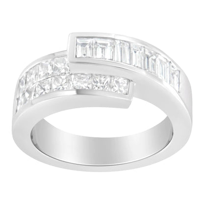 14K White Gold 2.0 Cttw Channel - Set Princess and Baguette - Cut Diamond Bypass Ring Band (G - H Color, SI1 - SI2 Clarity) - Jaazi Intl