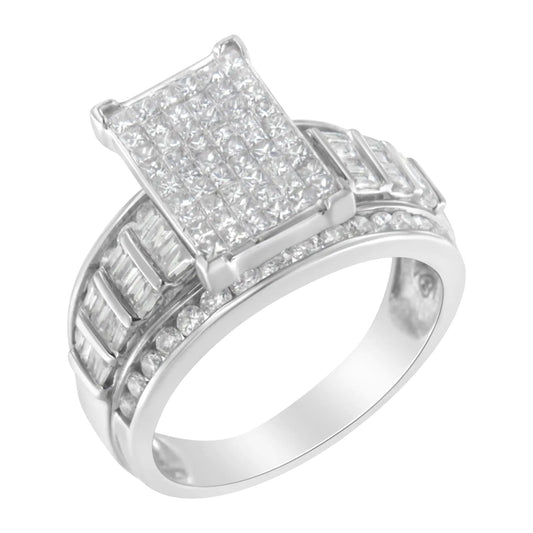 14K White Gold 2.0 Cttw Mixed - Cut Diamond Rectangle Invisible - Set Composite Cluster Ring with Bar - and Channel - Set Band (H - I Color, SI2 - I1 Clarity) - Jaazi Intl