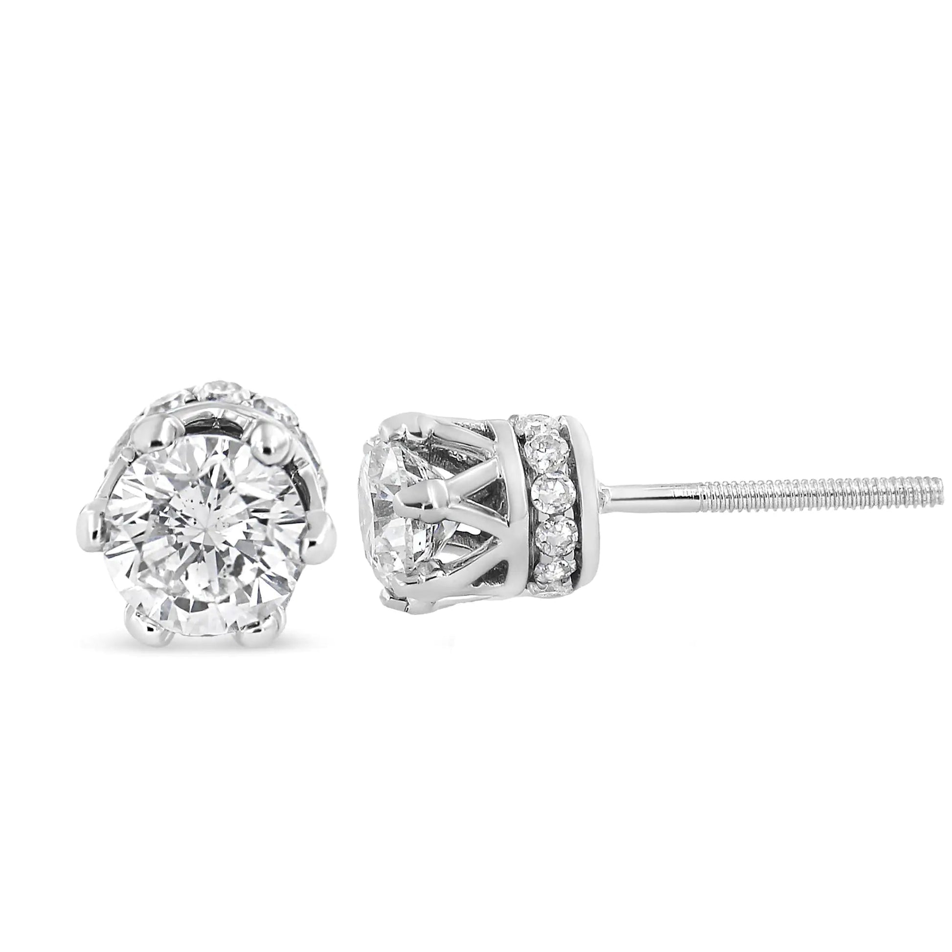 14K White Gold 2.0 Cttw Round Cut Prong - Set Diamond Crown Stud Earring (I - J Color, I1 - I2 Clarity) - Jaazi International