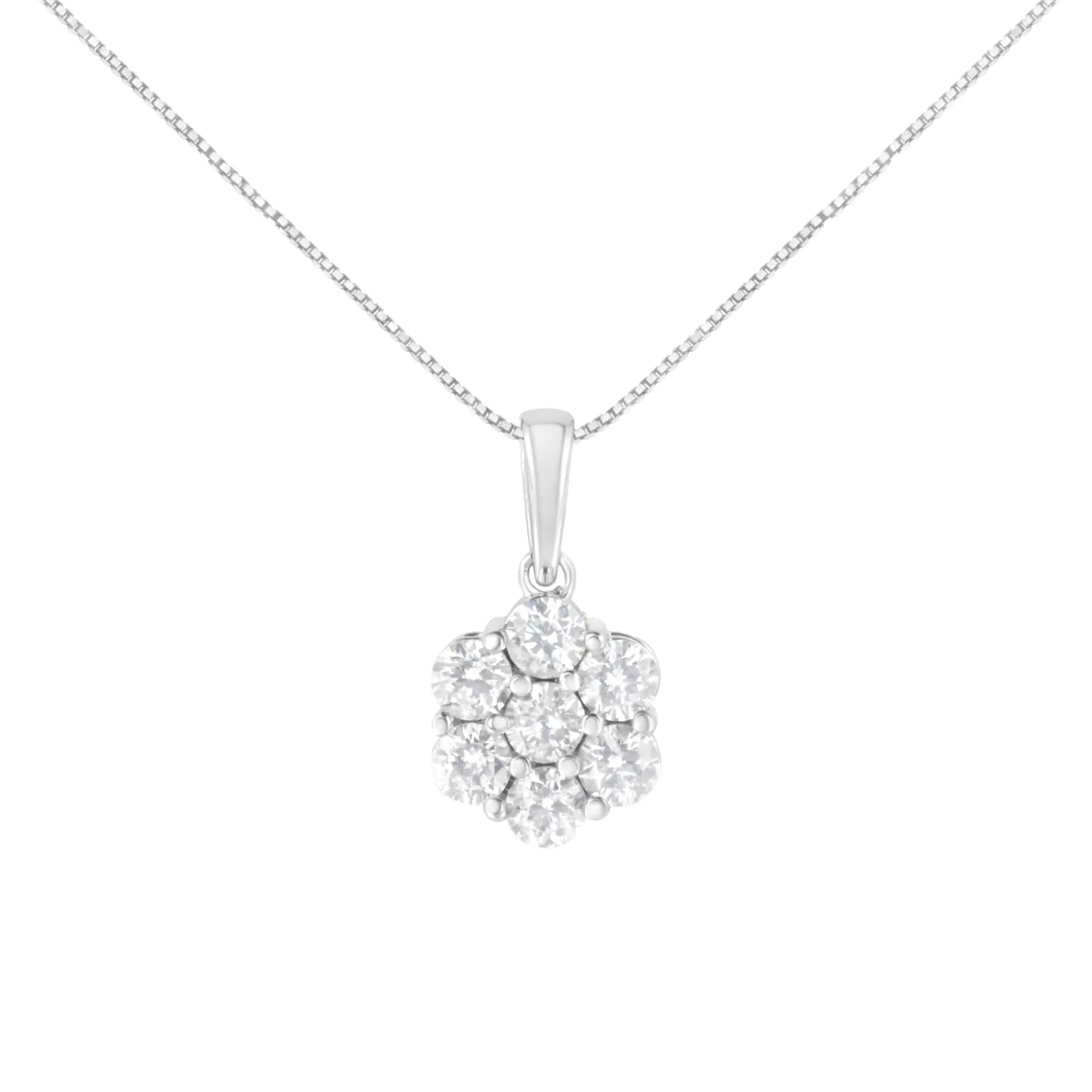 14K White Gold 2.00 Cttw Brilliant Round - Cut Diamond 7 Stone Flower Cluster 18" Pendant Necklace (H - I Color, SI2 - I1 Clarity) - Jaazi Intl