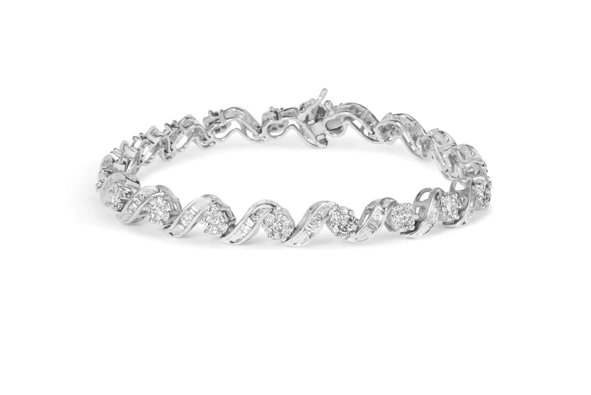 14K White Gold 2.00 Cttw Diamond Cluster and Spiral Link Bracelet (I - J Color, I1 - I2 Clarity) - 7" - Jaazi Intl