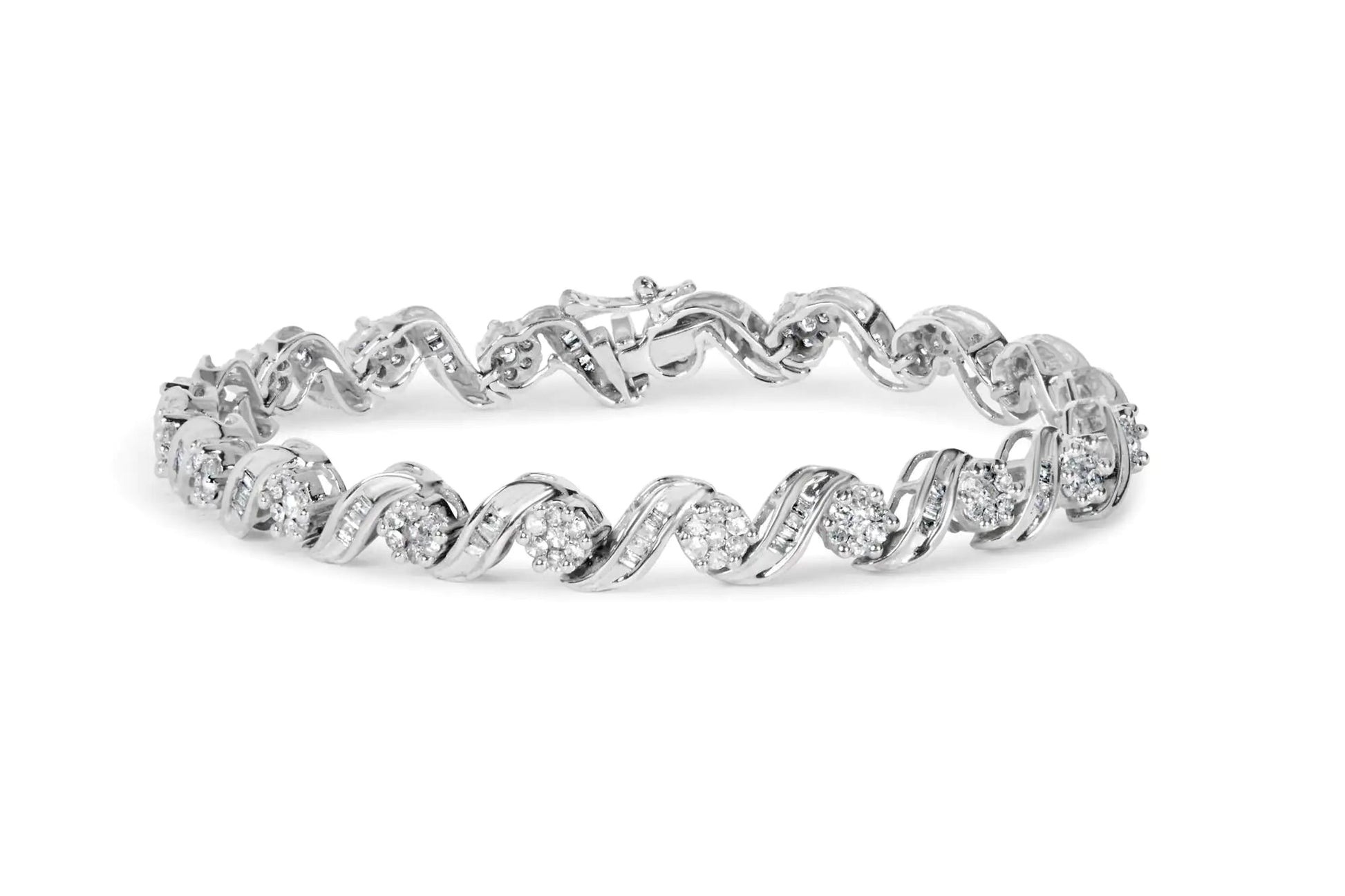 14K White Gold 2.00 Cttw Diamond Cluster and Spiral Link Bracelet (I - J Color, I1 - I2 Clarity) - 7" - Jaazi Intl