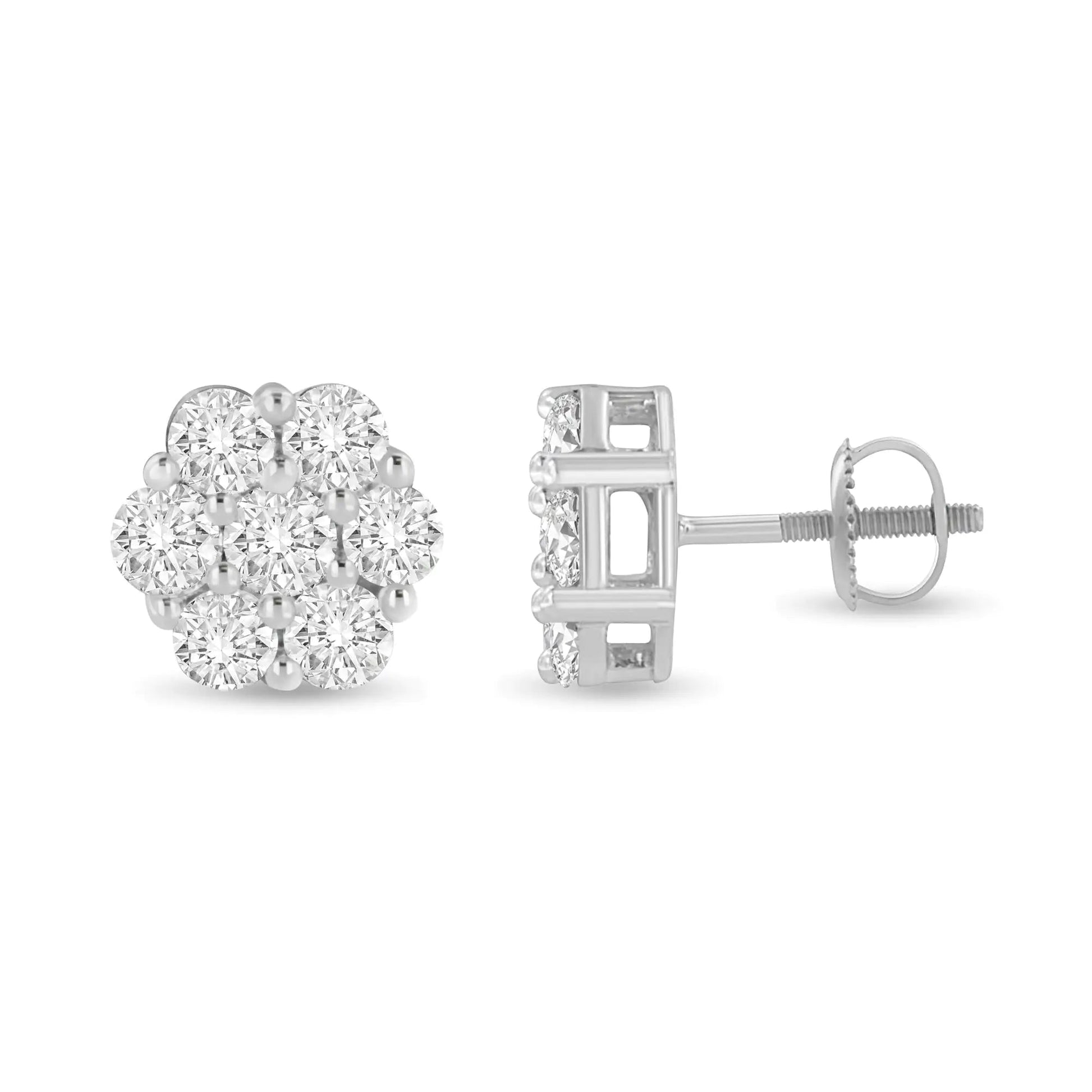 14K White Gold 3 cttw Prong Set Round - Cut Diamond Floral Cluster Stud Earring (I - J Color, SI1 - SI2 Clarity) - Jaazi Intl