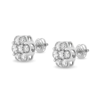 14K White Gold 3 cttw Prong Set Round - Cut Diamond Floral Cluster Stud Earring (I - J Color, SI1 - SI2 Clarity) - Jaazi Intl