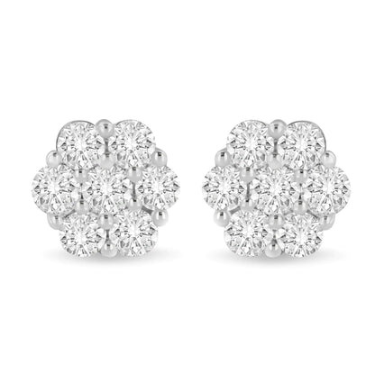 14K White Gold 3 cttw Prong Set Round - Cut Diamond Floral Cluster Stud Earring (I - J Color, SI1 - SI2 Clarity) - Jaazi Intl