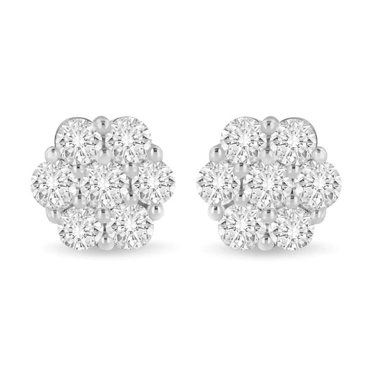 14K White Gold 3 cttw Prong Set Round - Cut Diamond Floral Cluster Stud Earring (I - J Color, SI1 - SI2 Clarity) - Jaazi Intl