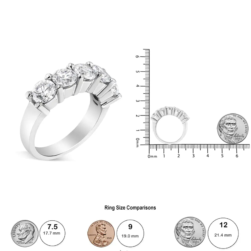 14K White Gold 3.0 Cttw Lab Grown Diamond Shared Prong Set 5 Stone Anniversary Band Ring (F - G Color, VS2 - SI1 Clarity) - Jaazi Intl