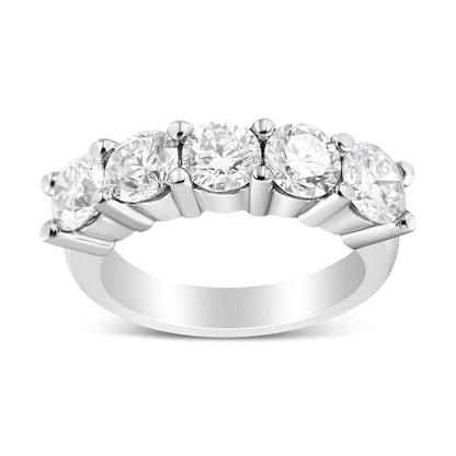 14K White Gold 3.0 Cttw Lab Grown Diamond Shared Prong Set 5 Stone Anniversary Band Ring (F - G Color, VS2 - SI1 Clarity) - Jaazi Intl