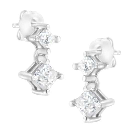 14K White Gold 3/4 cttw Double Diamond Princess - Cut Stud Earrings (I - J Clarity, I2 - I3 Color) - Jaazi Intl