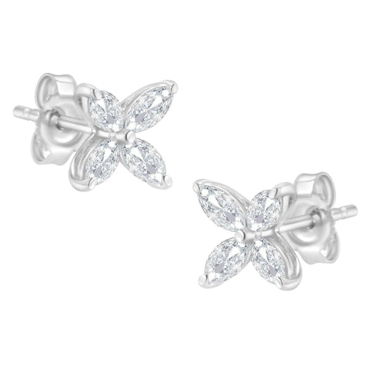 14K White Gold 3/4 Cttw Marquise Diamond 8 Stone Floral Leaf Stud Earrings (H - I Color, SI1 - SI2 Clarity) - Jaazi Intl