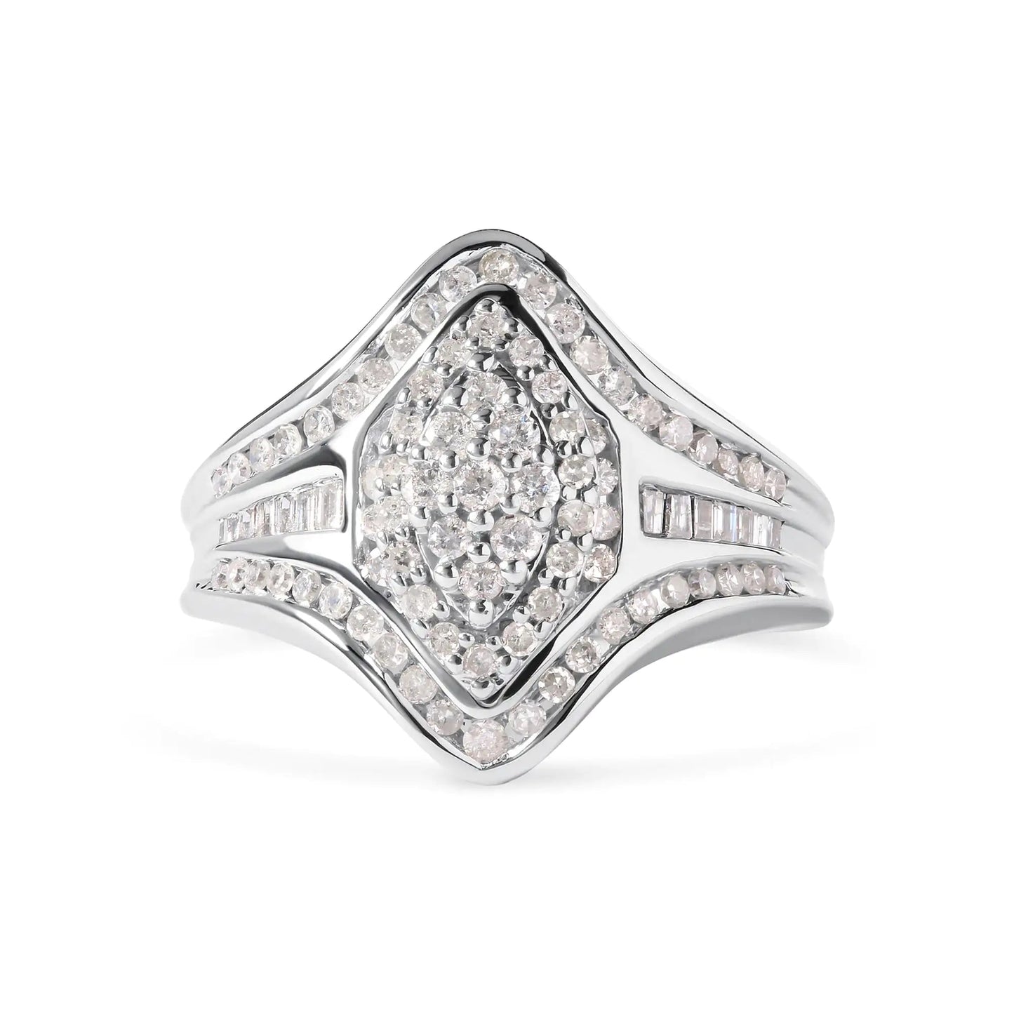 14K White Gold 3/4 Cttw Round and Baguette cut Diamond Cluster Ring (H - I Color, I1 - I2 Clarity) - Jaazi Intl