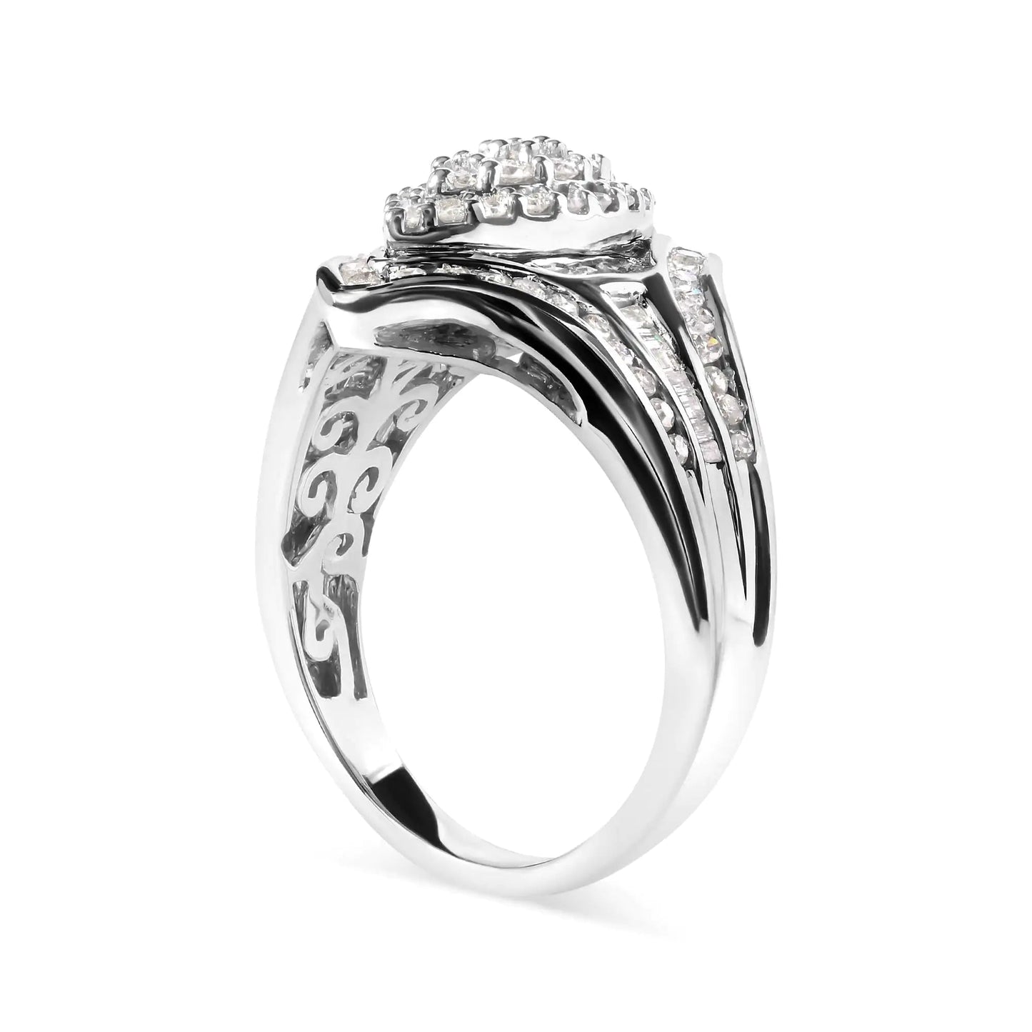 14K White Gold 3/4 Cttw Round and Baguette cut Diamond Cluster Ring (H - I Color, I1 - I2 Clarity) - Jaazi Intl