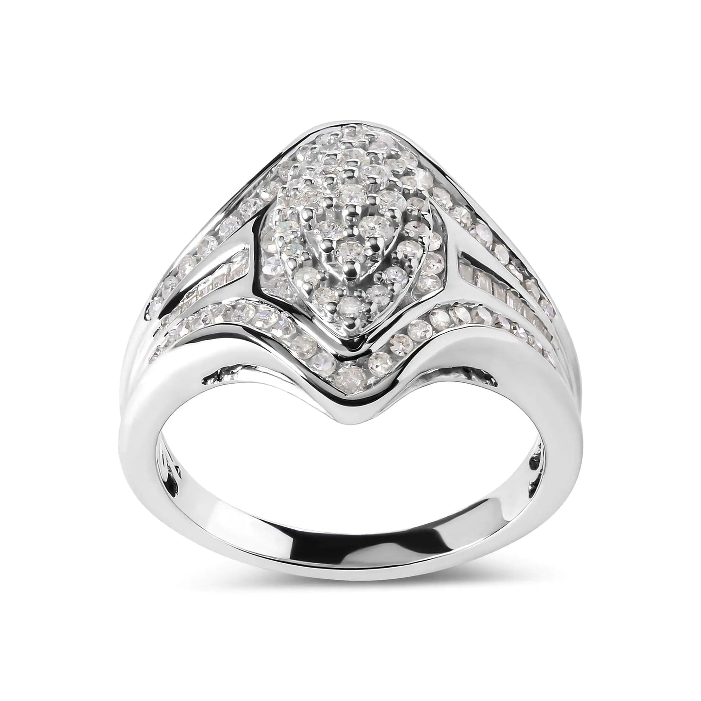 14K White Gold 3/4 Cttw Round and Baguette cut Diamond Cluster Ring (H - I Color, I1 - I2 Clarity) - Jaazi Intl