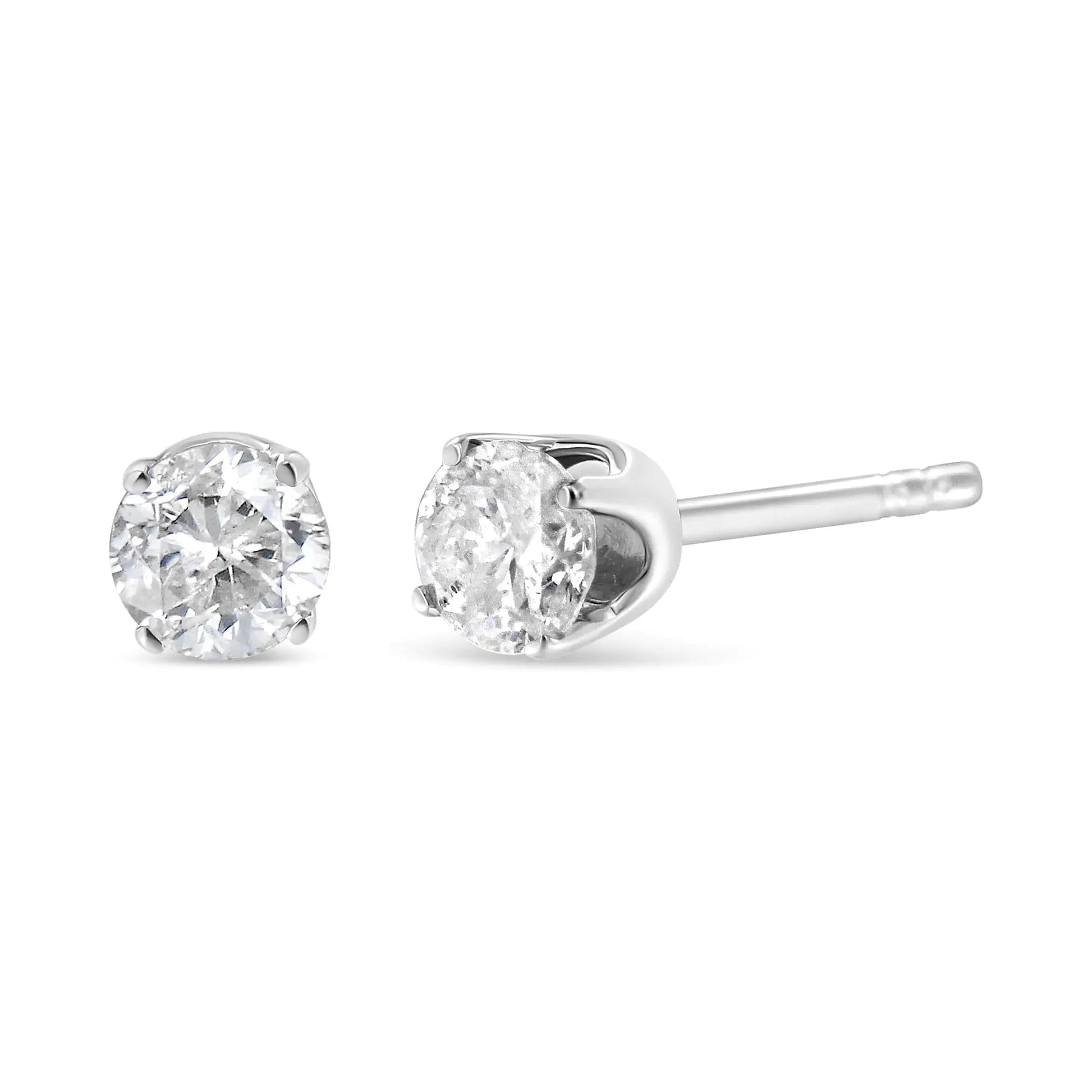 14K White Gold 3/4 Cttw Round Brilliant - Cut Near Colorless Diamond Classic 4 - Prong Stud Earrings (H - I Color, I1 - I2 Clarity) - Jaazi International