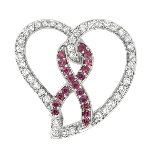 14K White Gold 3/4 Cttw White Diamond Awareness Ribbon & Open Heart 18" Pendant Necklace (H - I Color, I1 - I2 Clarity) - 3/8 Cttw Created Pink Sapphire Ribbon - Jaazi Intl