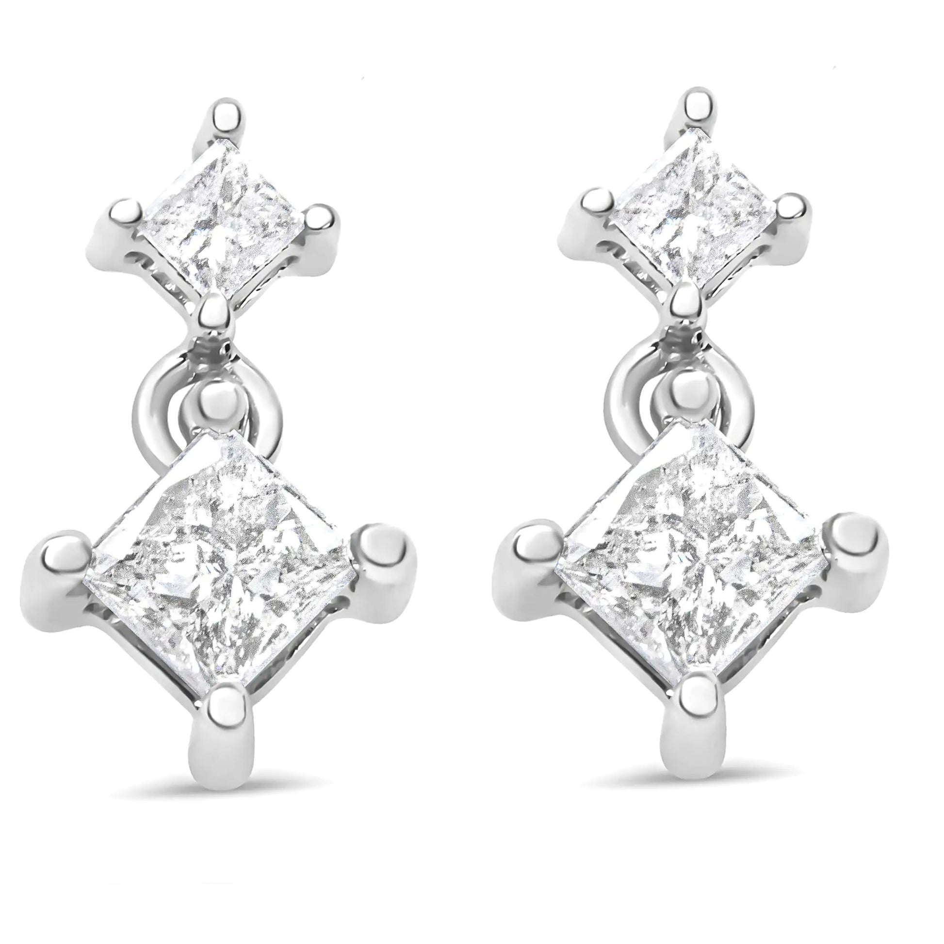 14K White Gold 3/8 Cttw Princess - Cut Diamond Double Dangle 2 Stone Stud Drop Earrings for Women (I - J Color, I2 - I3 Clarity) - Jaazi Intl