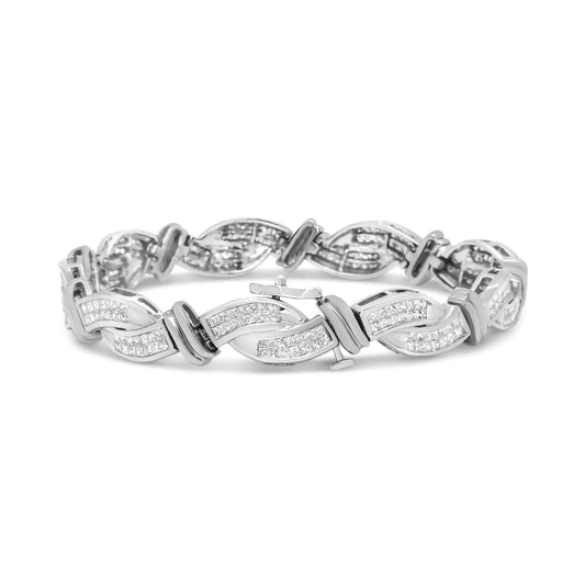 14K White Gold 4.0 Cttw Invisble Set Princess - Cut Diamond Wave Style Link Bracelet (H - I Color, SI2 - I1 Clarity) - 7" - Jaazi Intl