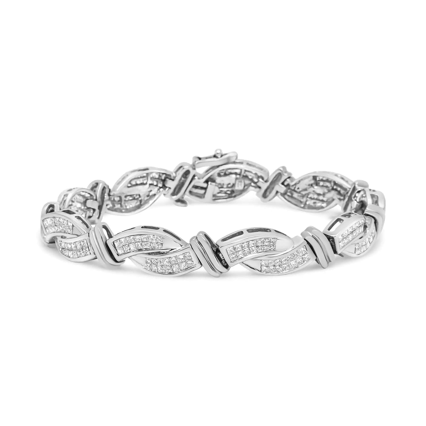 14K White Gold 4.0 Cttw Invisble Set Princess - Cut Diamond Wave Style Link Bracelet (H - I Color, SI2 - I1 Clarity) - 7" - Jaazi Intl