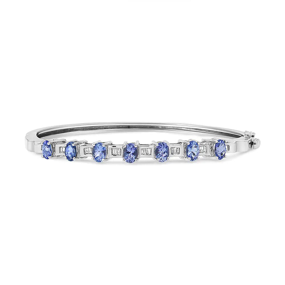 14K White Gold 5 MM Oval Blue Tanzanite and 1/4 Cttw Diamond Bangle (H - I Color, VS2 - SI1 Clarity) - Fits wrists up to 7 1/2 Inches - Jaazi Intl