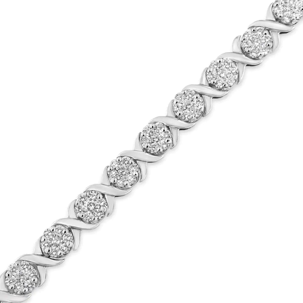 14K White Gold 6 - 1/3 Cttw Round Brilliant - Cut Diamond Round Cluster & X - Link 7" Tennis Bracelet (I - J Color, SI2 - I1 Clarity) - Jaazi Intl