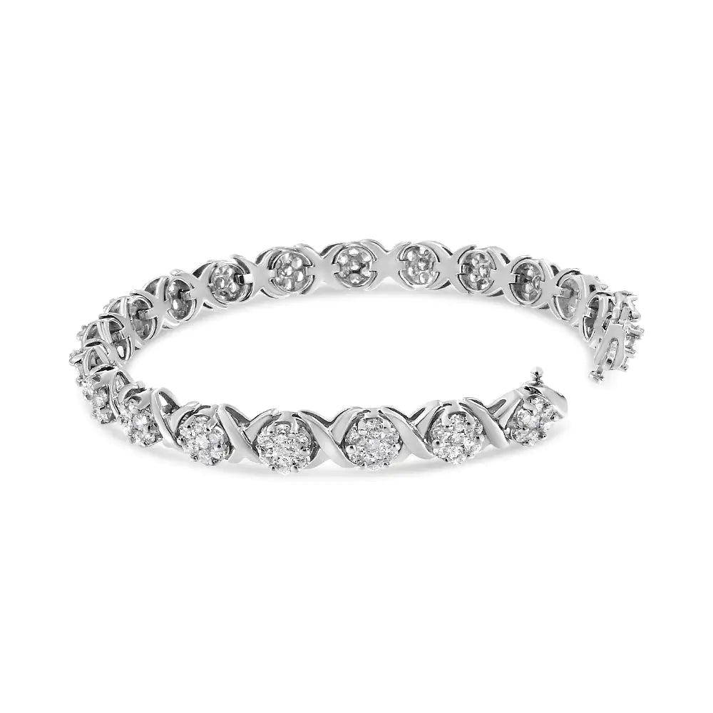 14K White Gold 6 - 1/3 Cttw Round Brilliant - Cut Diamond Round Cluster & X - Link 7" Tennis Bracelet (I - J Color, SI2 - I1 Clarity) - Jaazi Intl