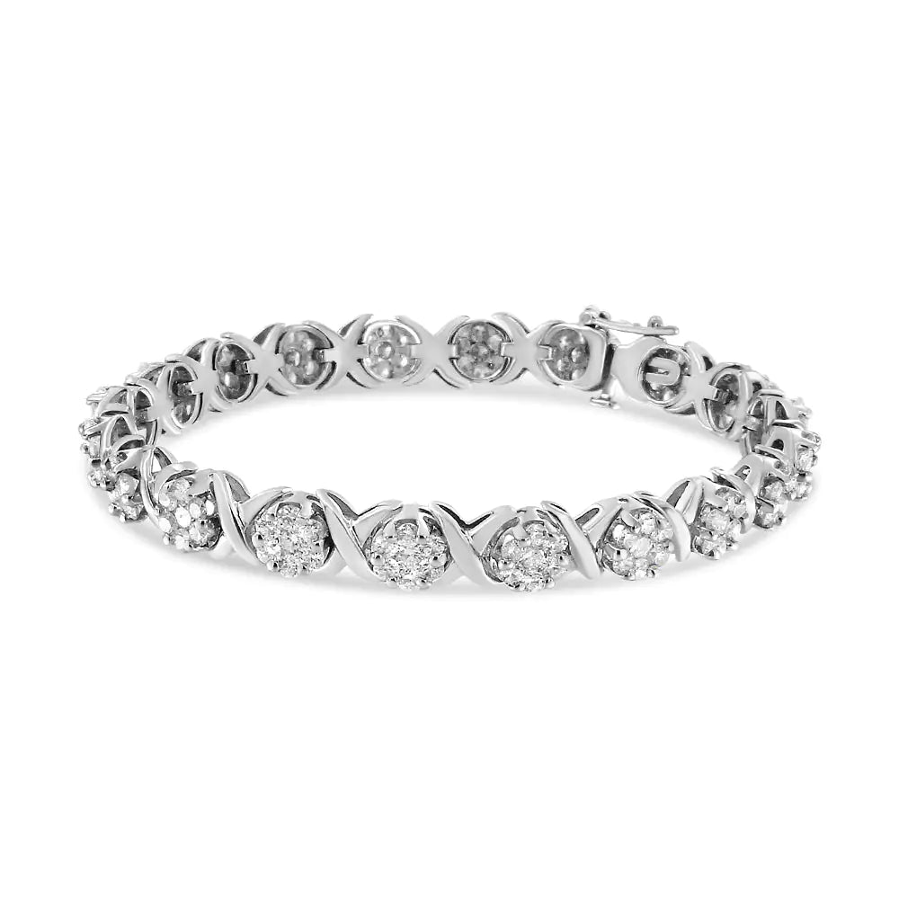 14K White Gold 6 - 1/3 Cttw Round Brilliant - Cut Diamond Round Cluster & X - Link 7" Tennis Bracelet (I - J Color, SI2 - I1 Clarity) - Jaazi Intl