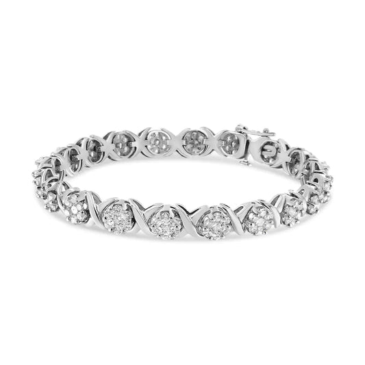 14K White Gold 6 - 1/3 Cttw Round Brilliant - Cut Diamond Round Cluster & X - Link 7" Tennis Bracelet (I - J Color, SI2 - I1 Clarity) - Jaazi Intl