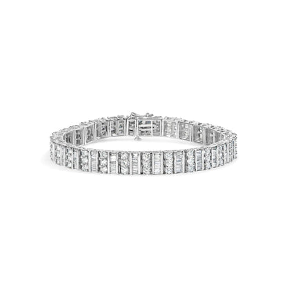 14K White Gold 6.00 Cttw Alternating Round and Baguette Diamond Tennis Bracelet (H - I Color, I1 - I2 Clarity) - 7" Inches - Jaazi Intl