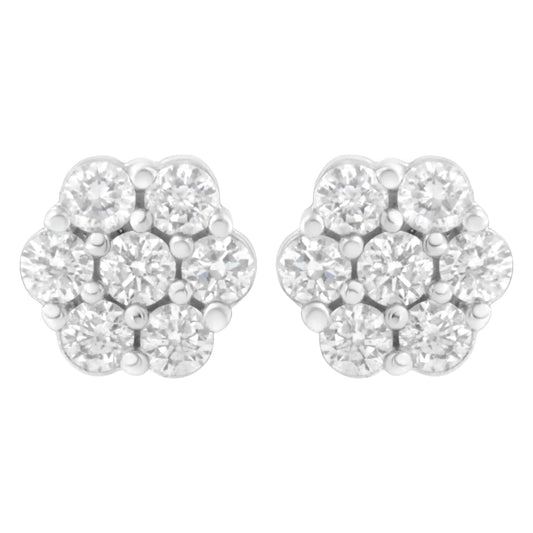 14K White Gold 7 Stone Floral Cluster Round Brilliant Cut Diamond Stud Earrings with Screw Backs(I - J, SI2 - I1) - Jaazi International