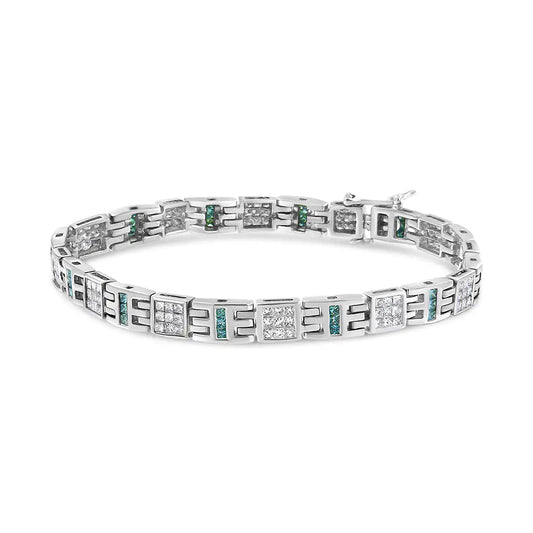 14K White Gold Princess - Cut white and Blue Diamond Fashion Bracelet(3.00 cttw,H - I Color,SI1 - SI2 Clarity) - Jaazi International