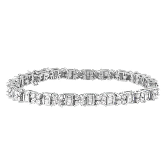 14K White Gold Round and Baguette Cut Floral Link Diamond Bracelet (4.00 cttw, H - I Color, SI2 - I1 Clarity) - Jaazi International