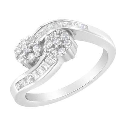 14K White Gold Round and Baguette Diamond Bypass Ring (1/2 cttw, H - I Color, I1 - I2 Clarity) - Jaazi Intl