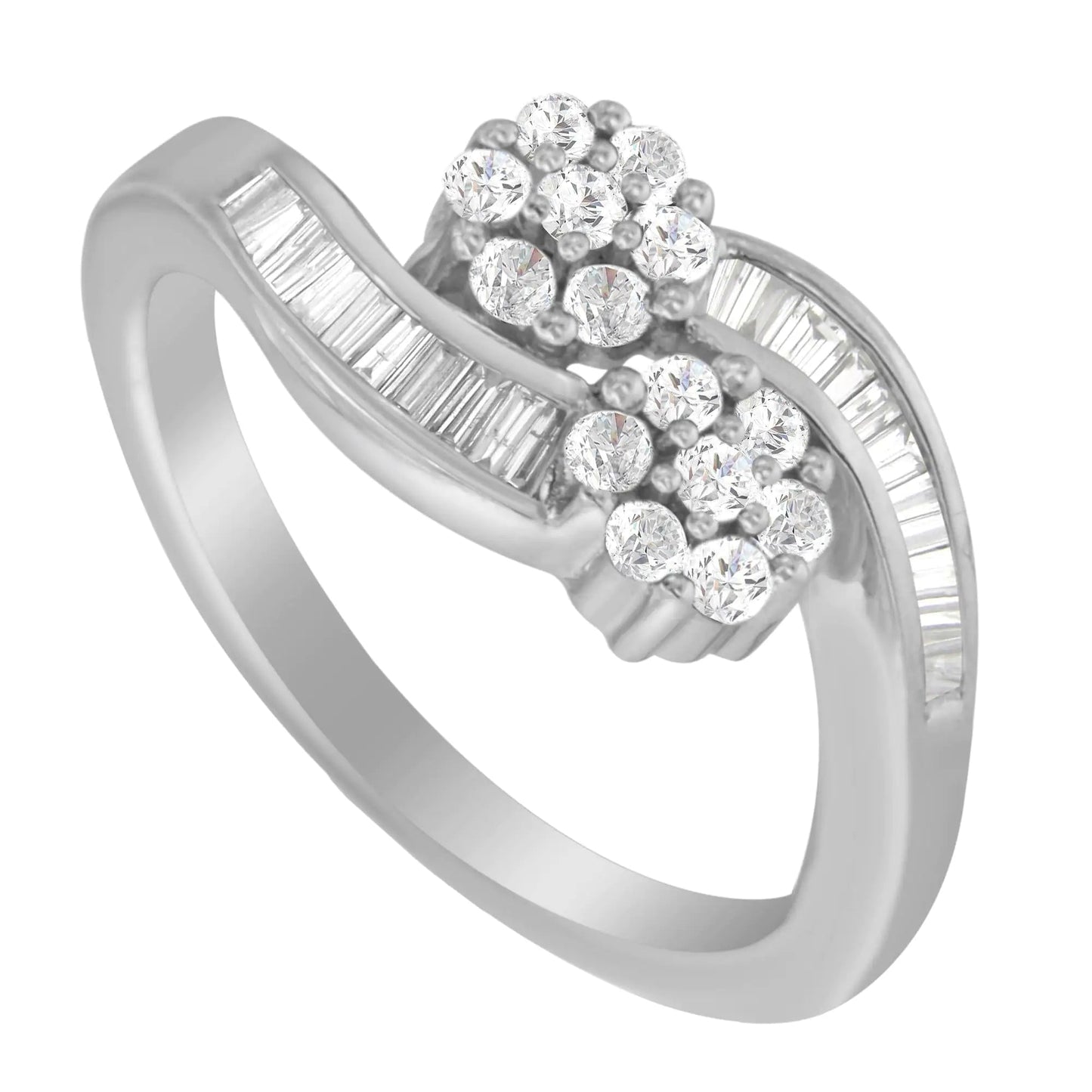 14K White Gold Round and Baguette Diamond Bypass Ring (1/2 cttw, H - I Color, I1 - I2 Clarity) - Jaazi Intl