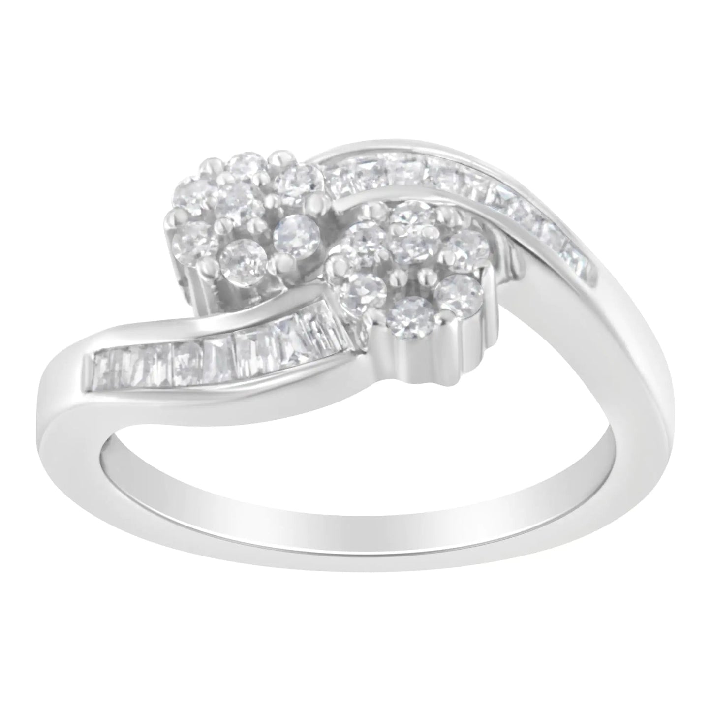 14K White Gold Round and Baguette Diamond Bypass Ring (1/2 cttw, H - I Color, I1 - I2 Clarity) - Jaazi Intl