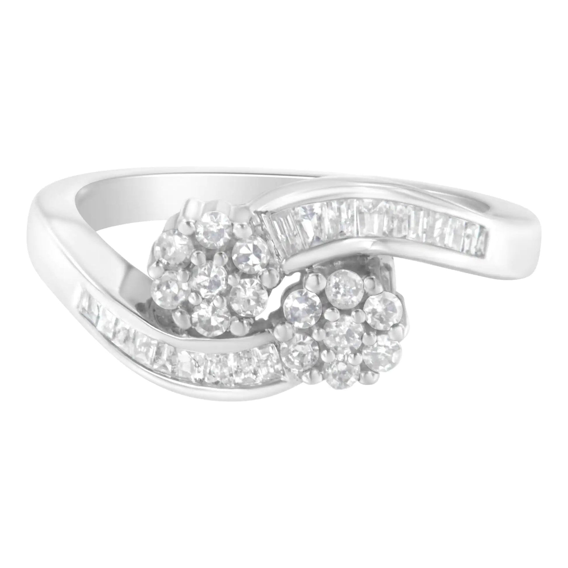 14K White Gold Round and Baguette Diamond Bypass Ring (1/2 cttw, H - I Color, I1 - I2 Clarity) - Jaazi Intl