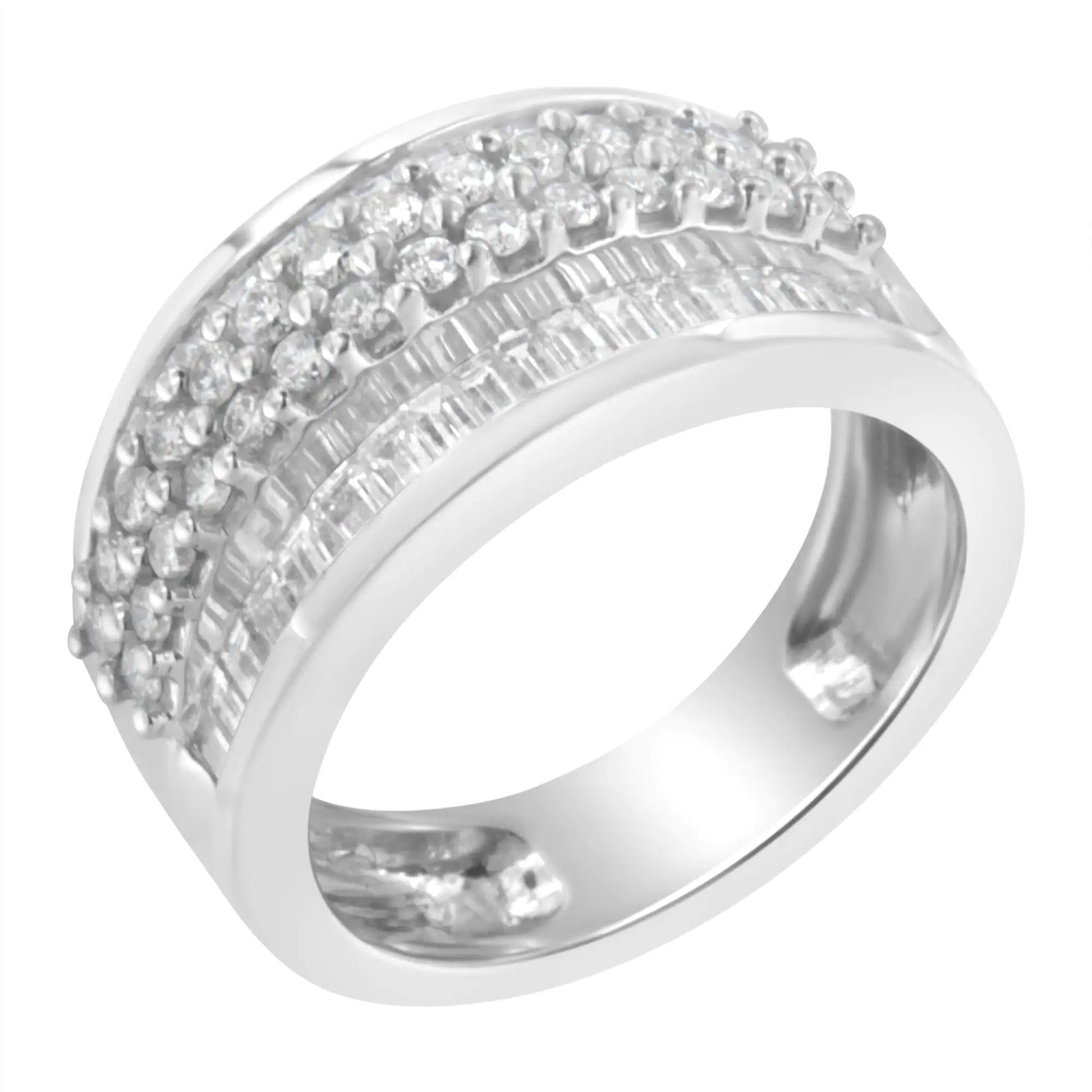 14K White Gold Round and Baguette Diamond Ring (1 1/2 Cttw, F - G Color, SI1 - SI2 Clarity) - Jaazi Intl