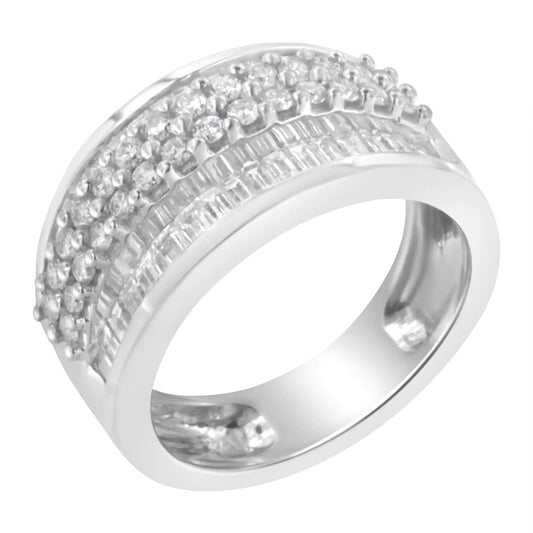 14K White Gold Round and Baguette Diamond Ring (1 1/2 Cttw, F - G Color, SI1 - SI2 Clarity) - Jaazi Intl