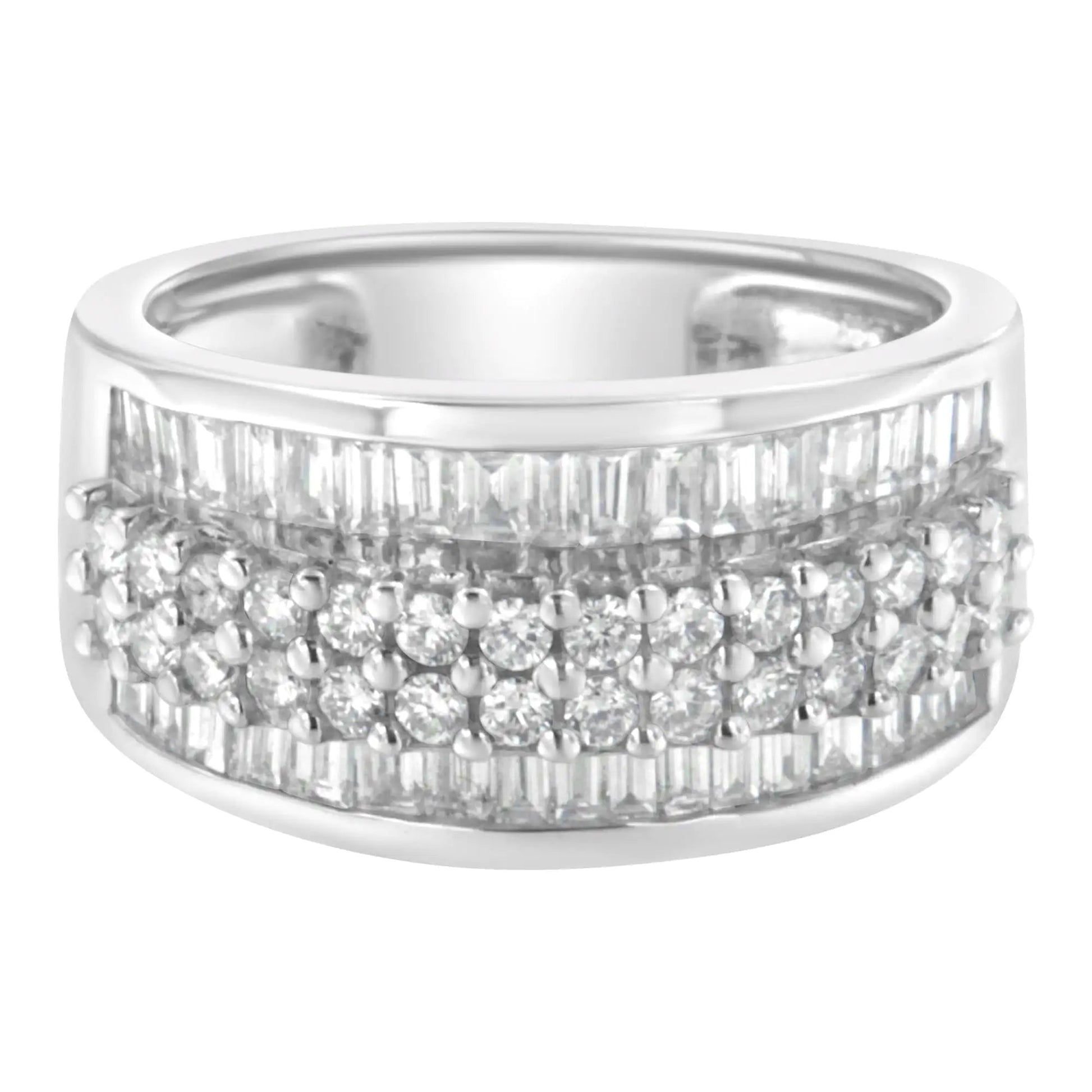 14K White Gold Round and Baguette Diamond Ring (1 1/2 Cttw, F - G Color, SI1 - SI2 Clarity) - Jaazi Intl