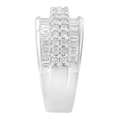 14K White Gold Round and Baguette Diamond Ring (1 1/2 Cttw, F - G Color, SI1 - SI2 Clarity) - Jaazi Intl