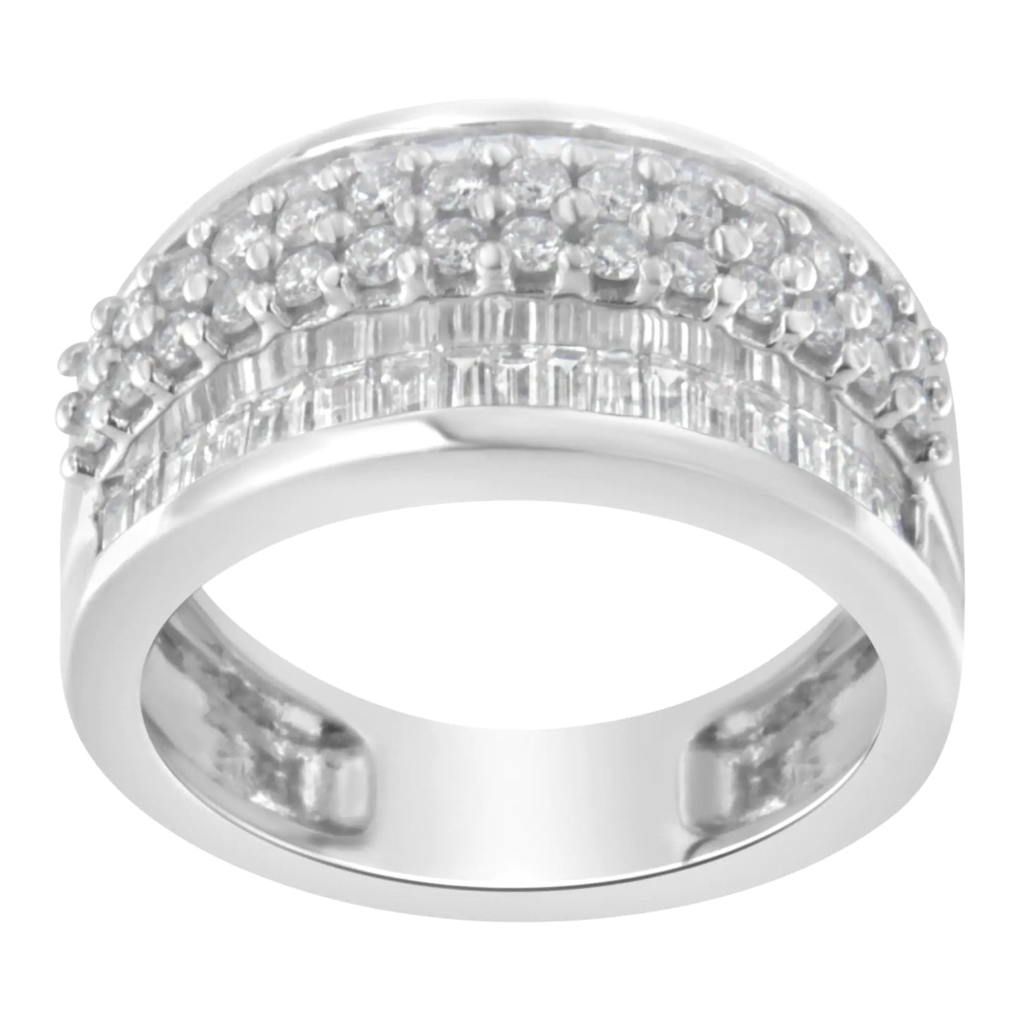 14K White Gold Round and Baguette Diamond Ring (1 1/2 Cttw, F - G Color, SI1 - SI2 Clarity) - Jaazi Intl