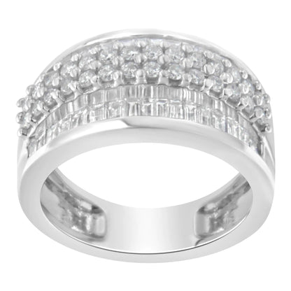 14K White Gold Round and Baguette Diamond Ring (1 1/2 Cttw, F - G Color, SI1 - SI2 Clarity) - Jaazi Intl