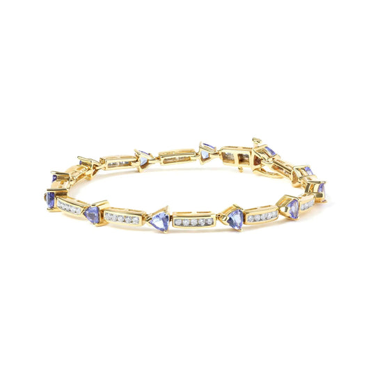 14K Yellow 5MM Trillion Cut Blue Tanzanite and 1 1/10 Cttw Diamond Tennis 7" Inches Bracelet (H - I Color, I1 - I2 Clarity) - Jaazi Intl