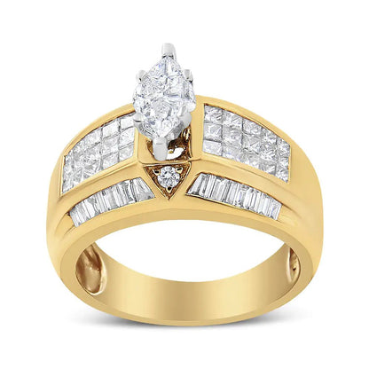 14K Yellow and White Gold 1 3/4 Cttw Round, Baguette, Princess and Pie - Cut Diamond Ring (H - I Color, SI1 - SI2 Clarity) - Jaazi Intl