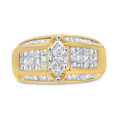 14K Yellow and White Gold 1 3/4 Cttw Round, Baguette, Princess and Pie - Cut Diamond Ring (H - I Color, SI1 - SI2 Clarity) - Jaazi Intl